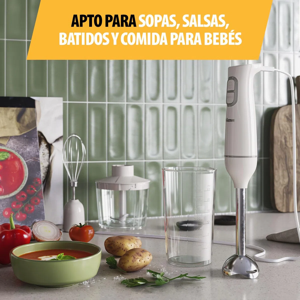 Tristar Set de batidora de mano, piezas aptas para el lavavajillas, incluye varilla de acero inoxidable desmontable, batidor, picador, jarra medidora, 350 W, MX-4881