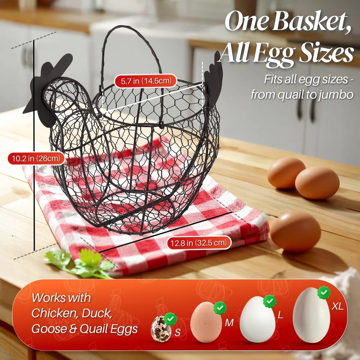 Flexzion Cesta de huevo de gallina, soporte de almacenamiento de huevos con asa, para huevos, frutas, verduras, estilo rústico de granja, color negro