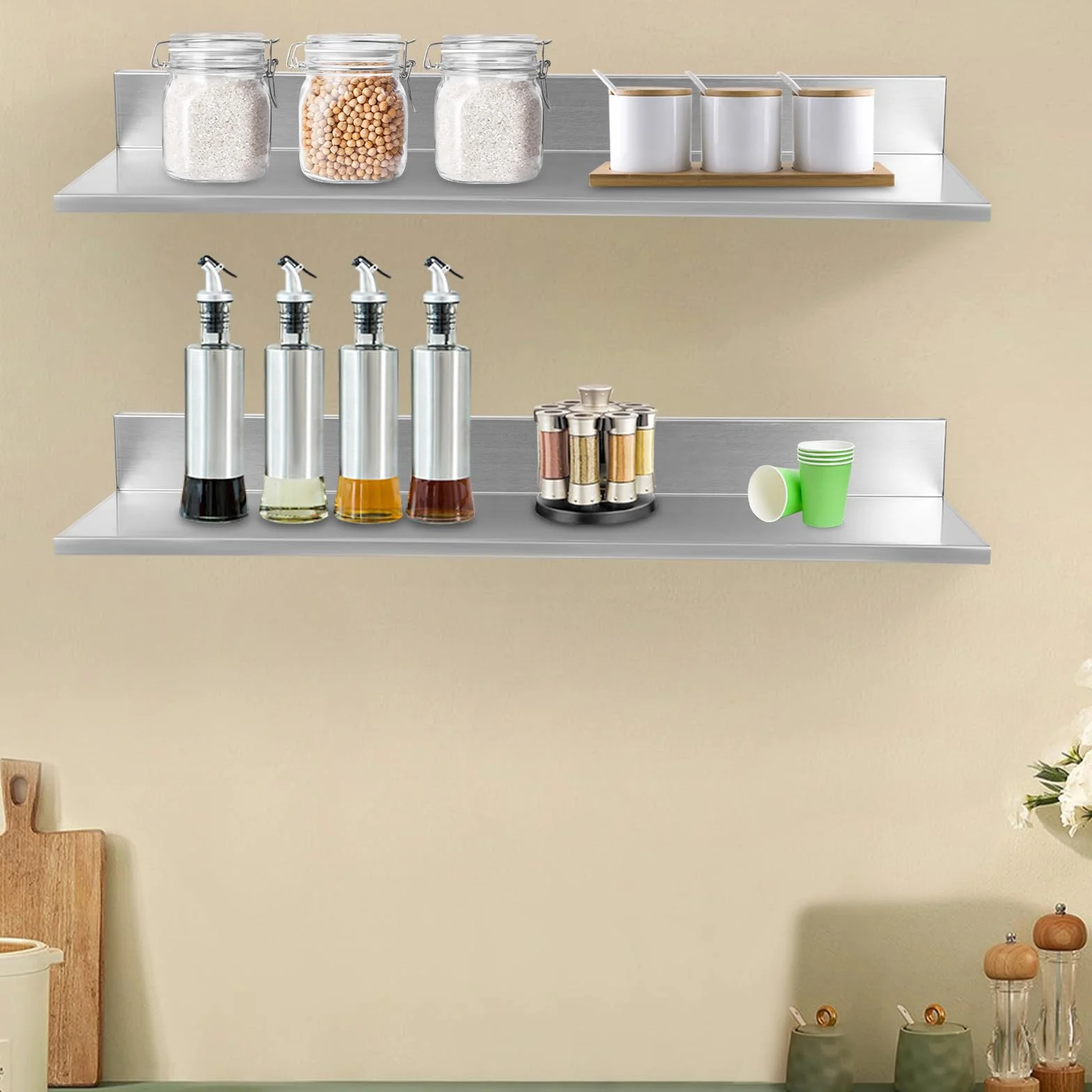 Estantería para especias de pared de acero inoxidable, juego de 2 unidades, estante para especias colgante, 18 kg, estante de cocina para especias, soporte para utensilios de cocina, montaje en