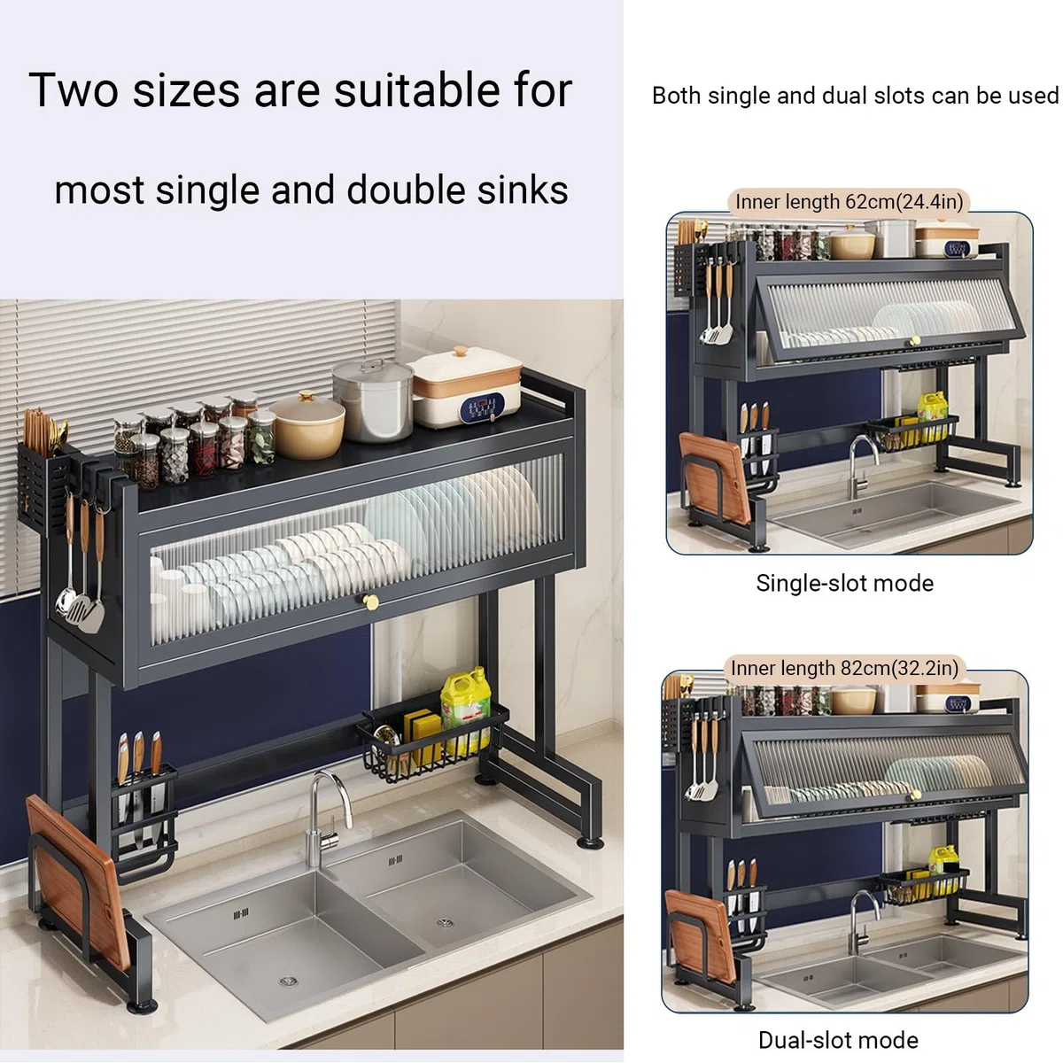 Escurridor de platos, organizador de cocina de 2 niveles con cubierta para platos, vasos, cuencos y cubiertos, diseño que ahorra espacio