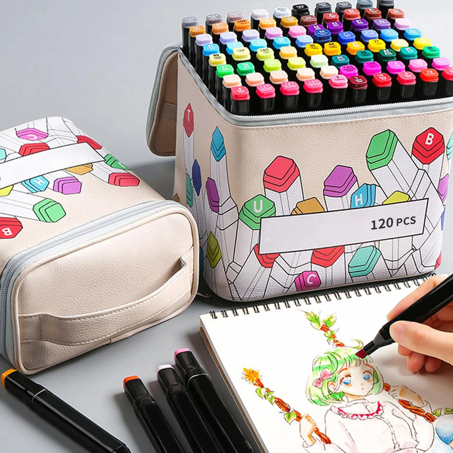 Sorandy Estuche para Rotuladores con 120 Soportes de Almacenamiento, Organizador de Bolígrafos Artísticos de Cuero PU con Gran Apertura y Asa de Transporte para Rotuladores
