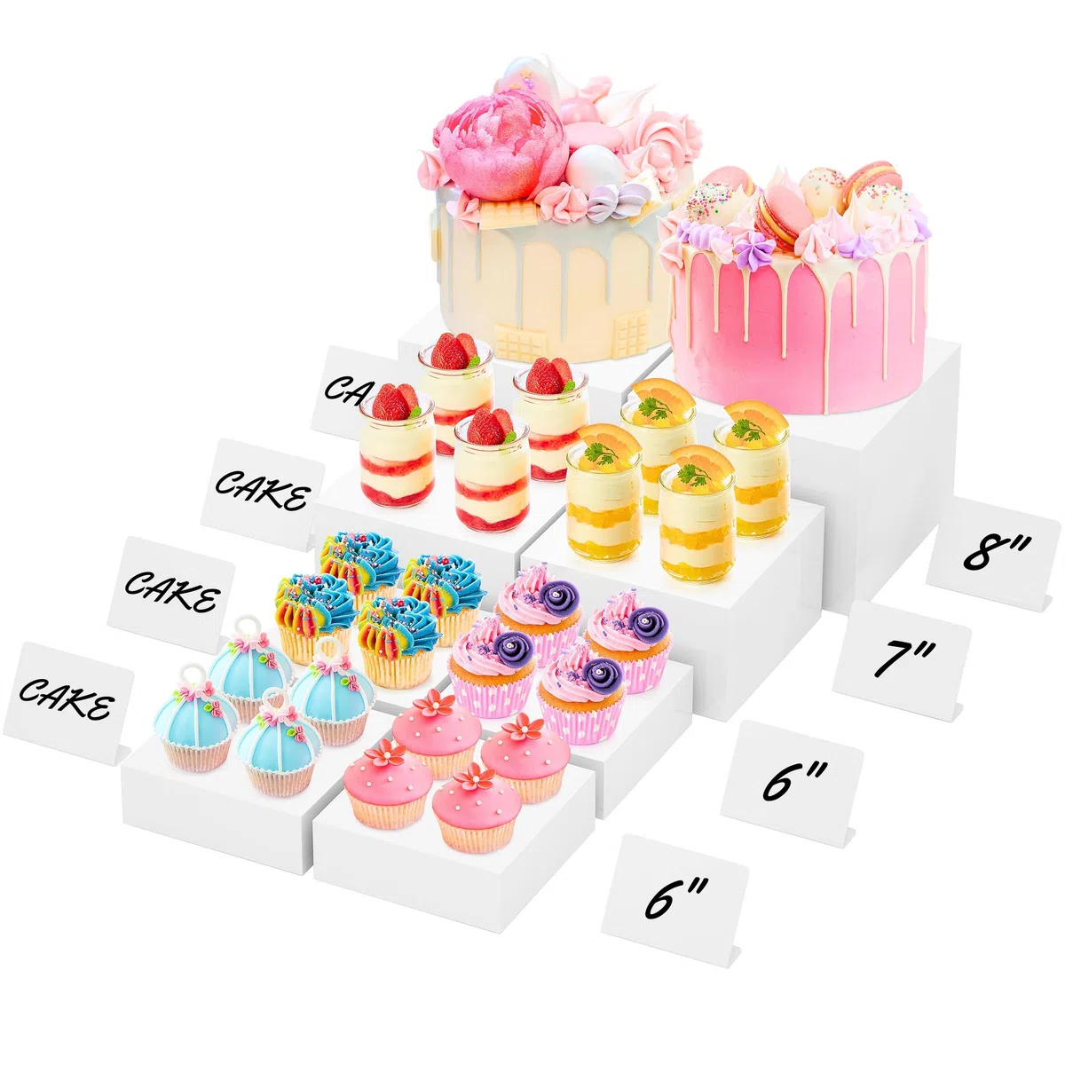 Elevadores de buffet de 8 pulgadas con mini carteles, elevadores de mesa, elevadores de buffet y soportes, caja de exhibición de cubos acrílicos para catering, fiesta, bufé, exhibición