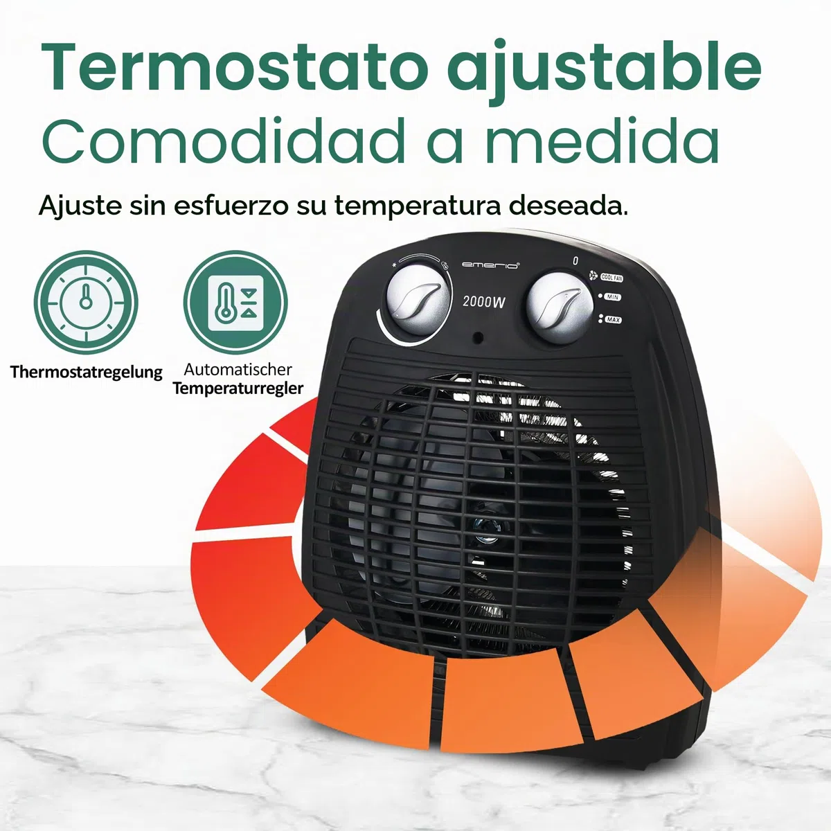 Emerio FH-106737.2 - Pequeño termoventilador compacto para 20 m², 2 potencias de calefacción + función de ventilador, termostato ajustable, interruptor de seguridad, asa, 2000 W