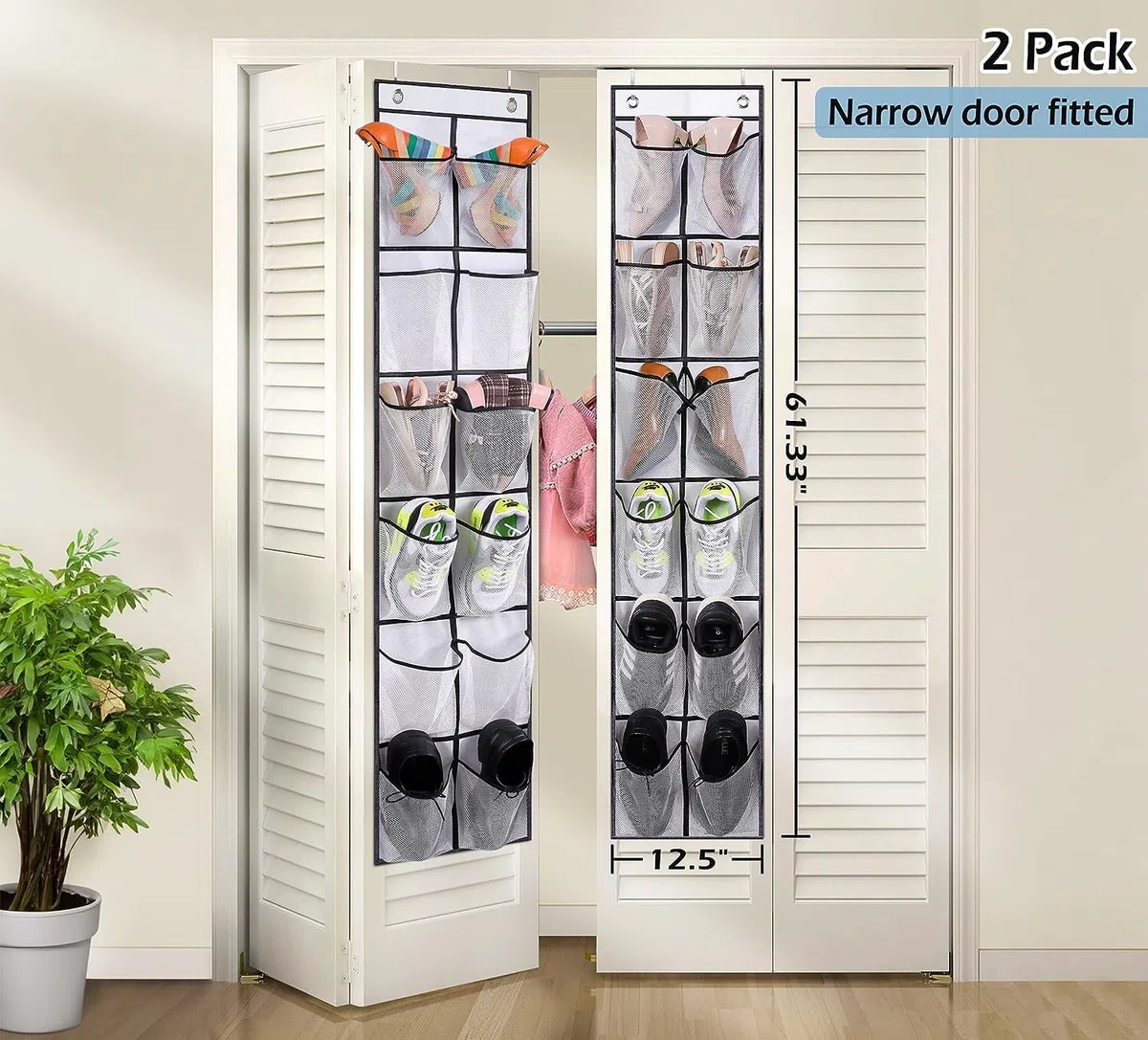 MISSLO Organizador de zapatos para colgar sobre la puerta, 12 bolsillos grandes de malla para colgar zapatos para armario estrecho, dormitorio, baño, organizador con percha, 2 paquetes