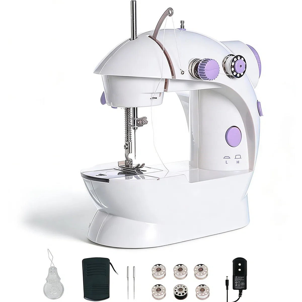Máquina de coser doméstica 202A, mini máquina de coser de doble hilo con 2 velocidades y pedal de pie, UE 220 V (morado)
