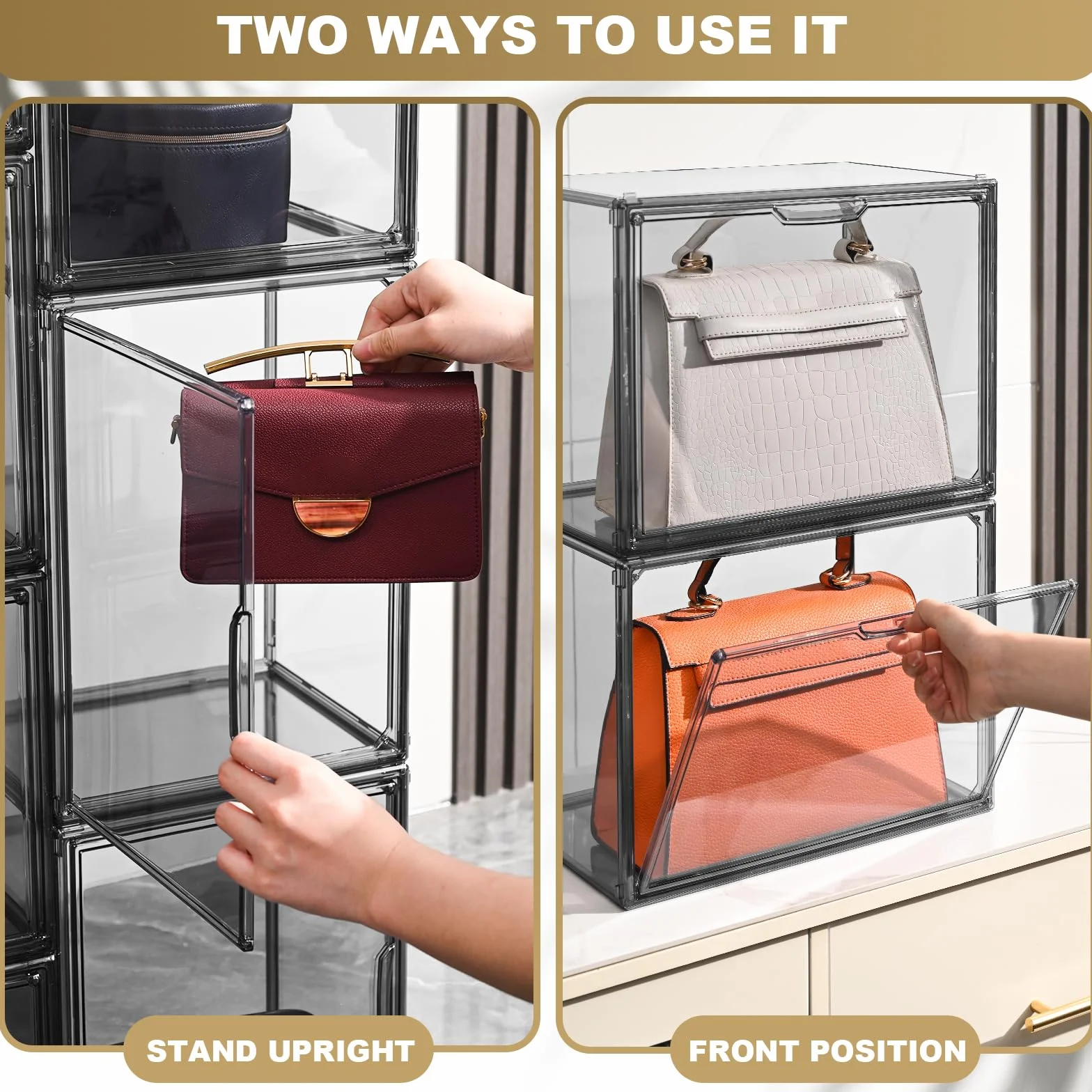 Paquete de 4 organizadores de almacenamiento de bolsos para armario, vitrina acrílica gris transparente para bolso de mano, organizador de almacenamiento apilable con puerta magnética para