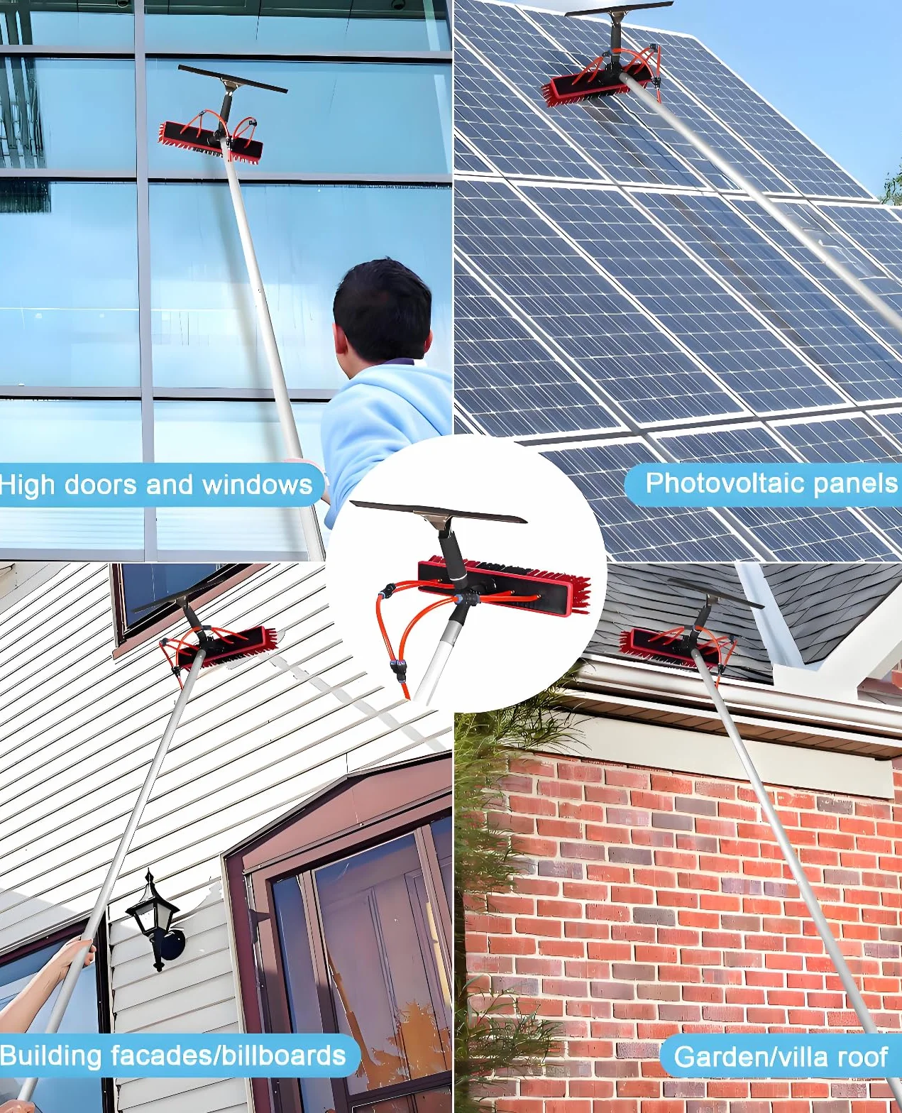 Kit de Limpieza con pértiga telescópica de 14 m: Cepillo con Suministro de Agua, rasqueta, Plumero, dispensador de jabón y Manguera de 20 m para Paneles solares, Ventanas, techos y