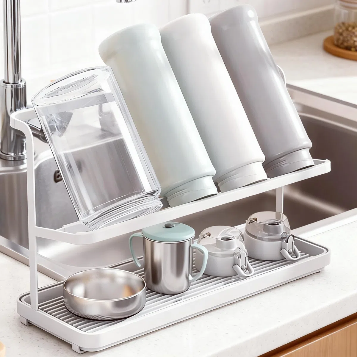 Qivine Escurre Biberones con Bandeja de Goteo, Metal de Seca Biberones de 2 Pisos, Soporte Escurrebiberones Reutilizable para Biberone, Vasos (A)