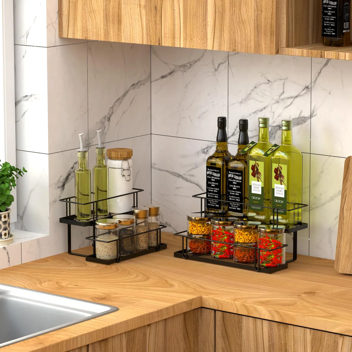 Organizador de jarabe de café con capacidad para 6 botellas, estante de jarabe de café de 2 niveles para cocina, cafetería, estante de vino de metal para encimera, bar y familia
