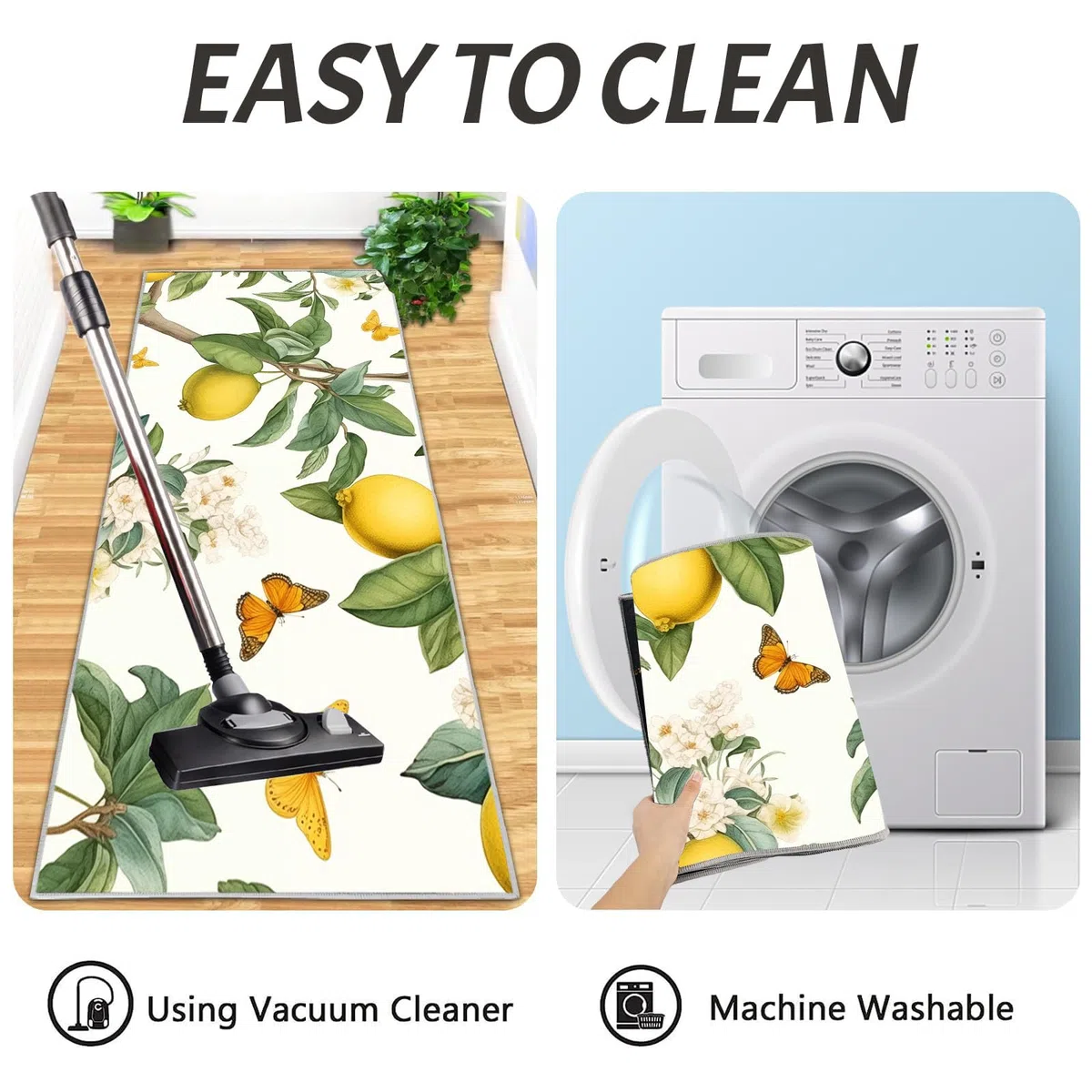 2 Piezas Antideslizante Cocina Absorbente Lavable Jardín De Limones Alfombra De Pie De Cocina Plantas Naturales para Comedor Dormitorio Portal Salón 43X75+43X150Cm, Verde Claro