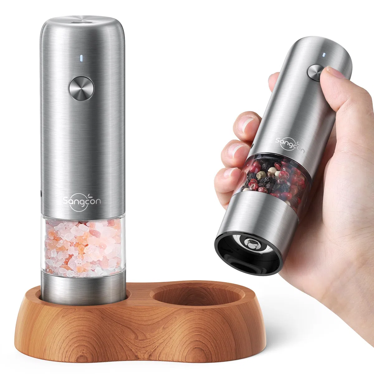 Sangcon Mini Molinillo Eléctrico de Sal y Pimienta con Base de Madera, Recargable USB, Pequeño Molinillo Pimienta Automático, para Viajes/Barbacoa/Niños, Control con un Botón (Acero Inoxidable)