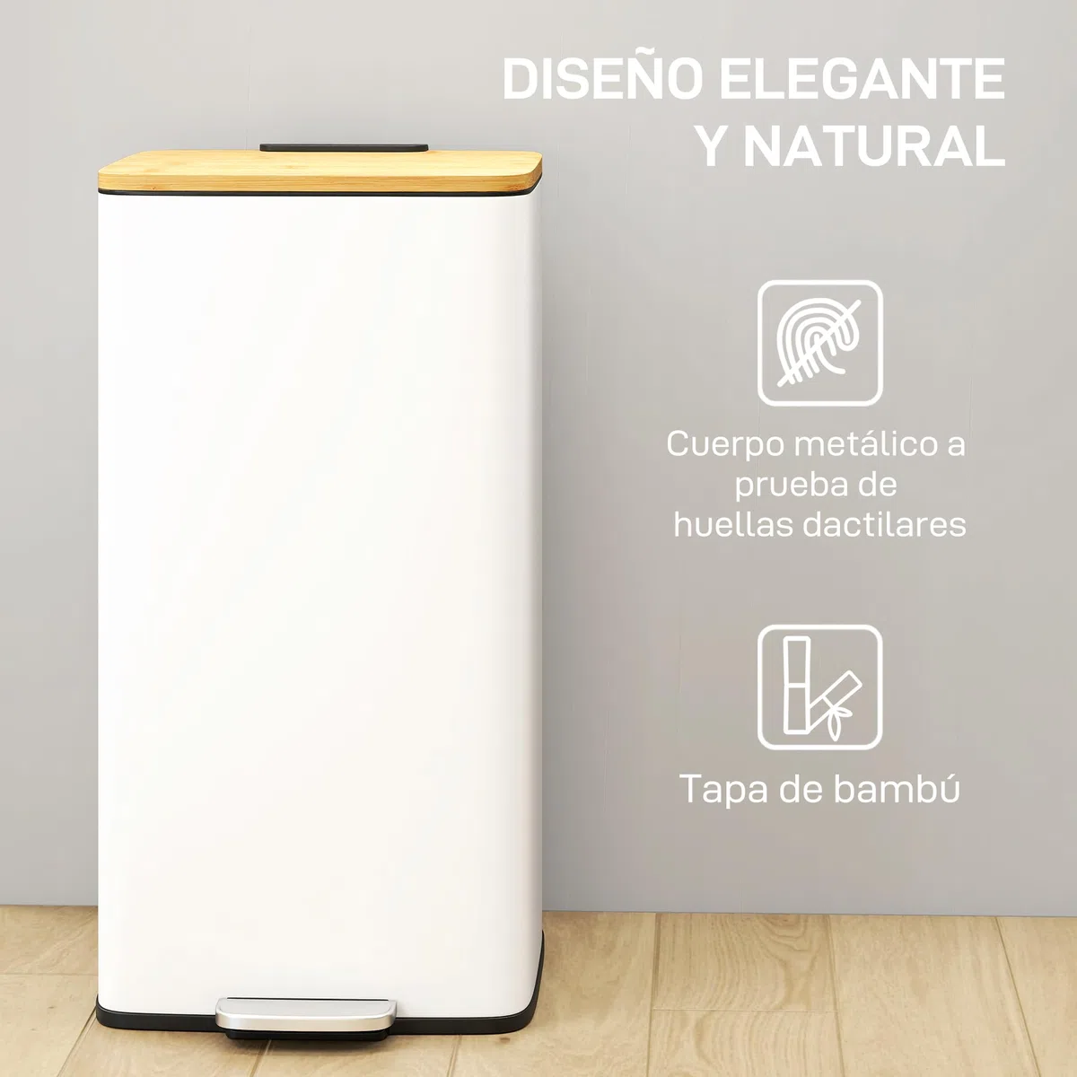 HOMCOM Cubo de Basura Cocina con Pedal, 20L, Tapa de Bambú de Cierre Suave, Papelera de Cocina con Cubo Interior Extraíble, Anti-Huellas, para Dormitorio, Salón, 29,5x29,5x56,8 cm, Blanco y Natural