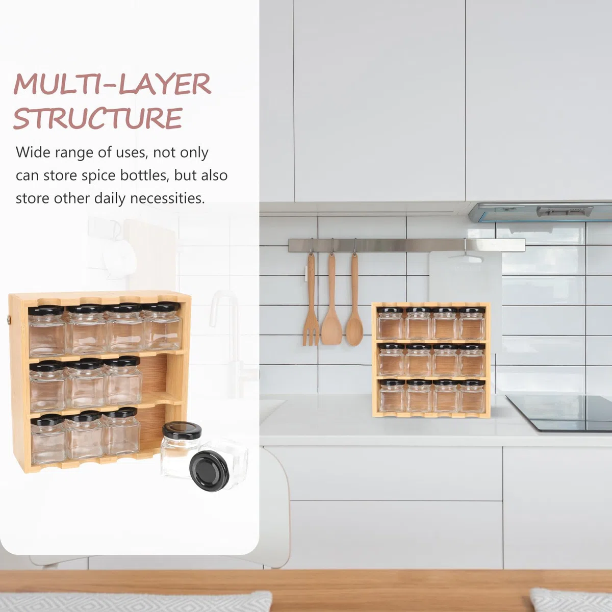 SHINEOFI Soporte Versátil para Especias de Madera y Vidrio Estructura de Múltiples Capas para Organizar Botes de Condimentos en Cocina, Adecuado para Almacenamiento