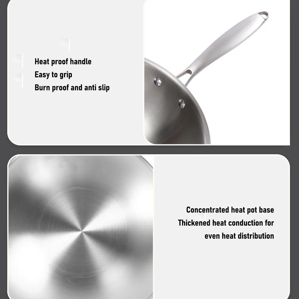 Cocoarm Wok de Acero Inoxidable, Acero Inoxidable 304 de Grado Alimentario con Núcleo de Aluminio para un Calentamiento Rápido y Uniforme, Compatible con Inducción, Apto para (34CM)