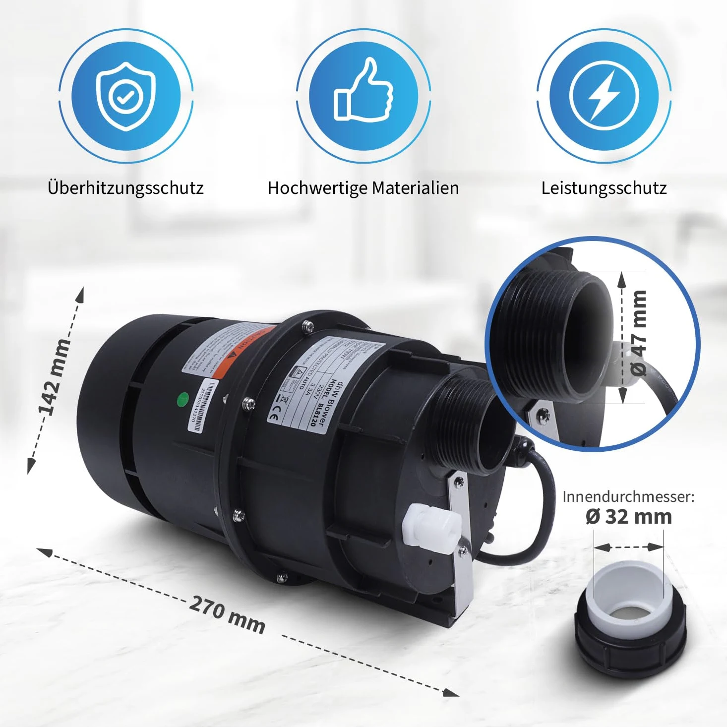 AQUADE Soplador de aire para jacuzzi, silencioso, 700 W, 700 W, soplador de jacuzzi, bañeras de hidromasaje, soplador de aire para exteriores, para jardín, jacuzzi al aire libre, soplador: 700 W 230 V