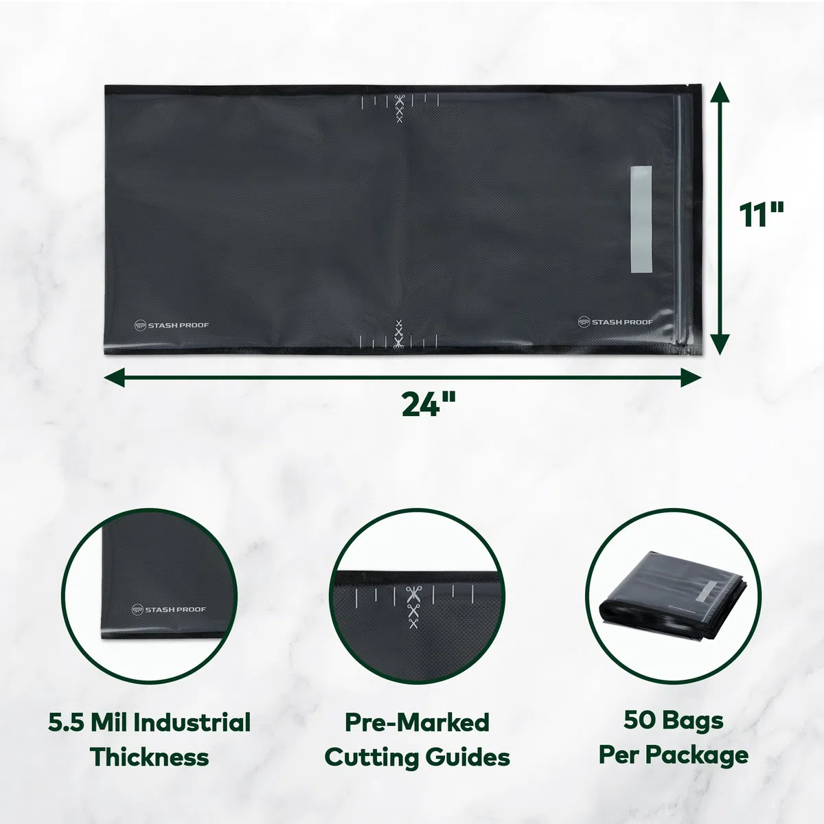 Bolsas de sellado al vacío con cremallera de 11 x 24 pulgadas (50 unidades) 5.5 mil (negro y transparente), sin BPA, de grado comercial, ahorro de alimentos para almacenamiento, al vacío y