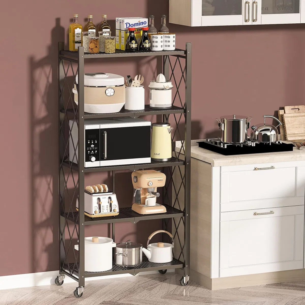Carro de almacenamiento (5 niveles, plegable, con ruedas, 71 x 34 x 159 cm, estante de metal, estante de almacenamiento, negro para cocina, baño, sala de estar, oficina (5 niveles)