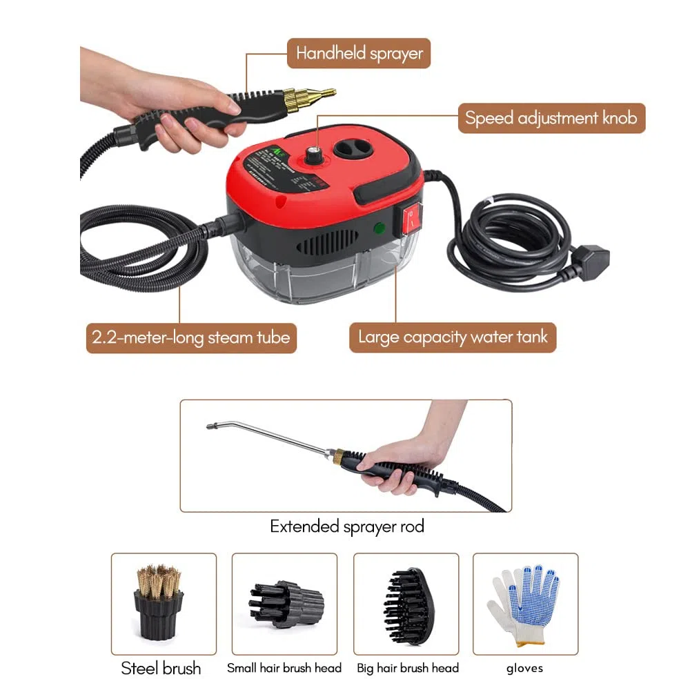Decdeal Limpiador a vapor portátil portátil de 2500 W Máquina de limpieza a vapor presurizada a alta temperatura con cepillos y guantes para muebles de cocina coche de baño