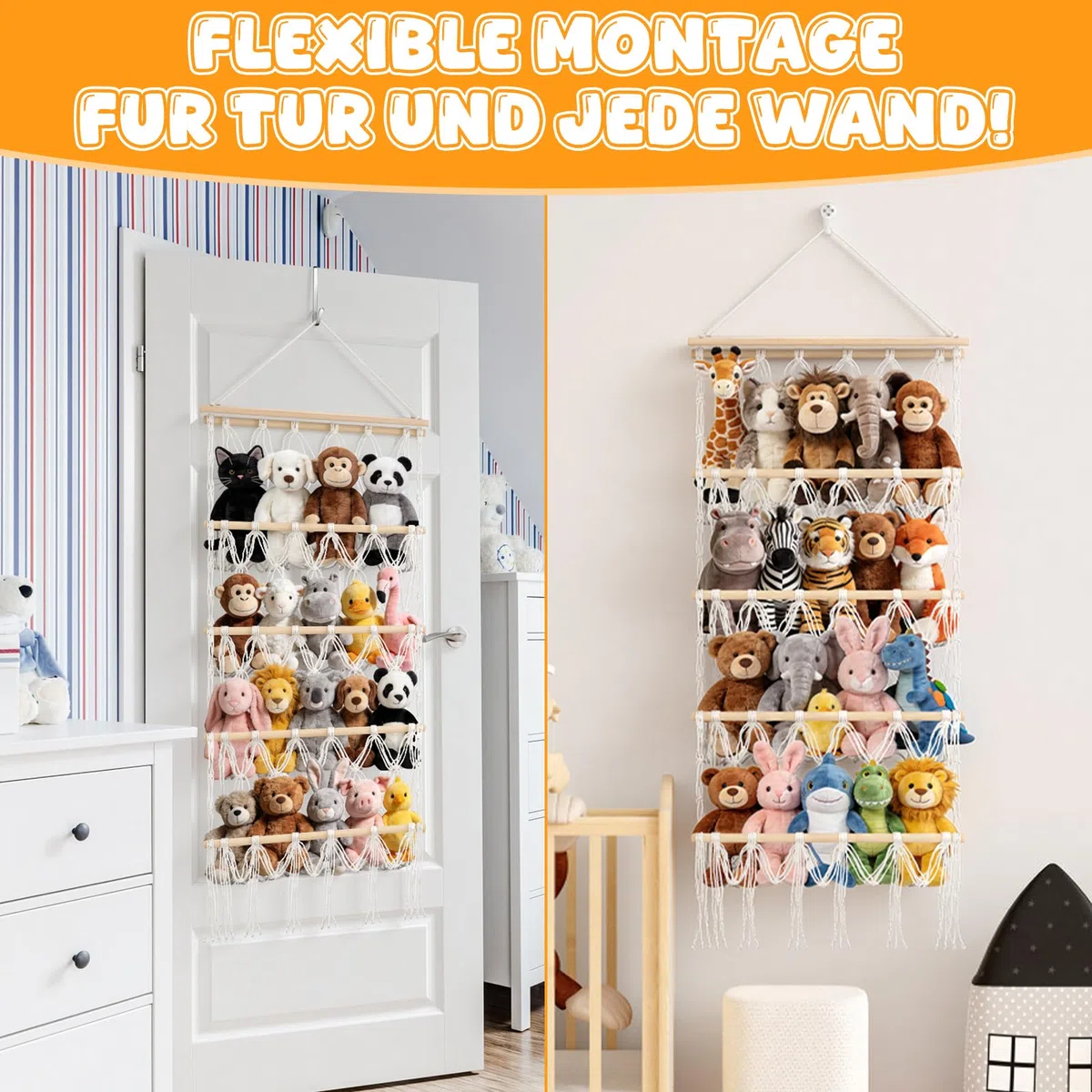 Meetory Red de almacenamiento de 42 cm, 4 pisos, estilo bohemio, macramé, red de peluche, almacenamiento con ganchos para habitación infantil, dormitorio, salón