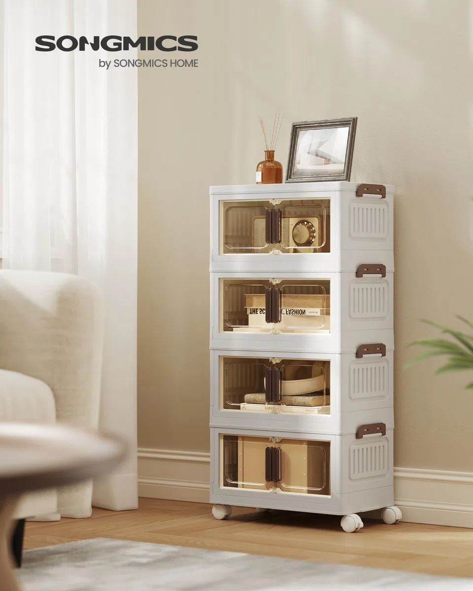 SONGMICS Cajas de Almacenamiento de 4 Niveles, Organizador con 1 Tapa, Cajas Apilables, con Ruedas, de Plástico, con Puerta Magnética, Blanco, 25 L por Nivel, RLB445WZ01