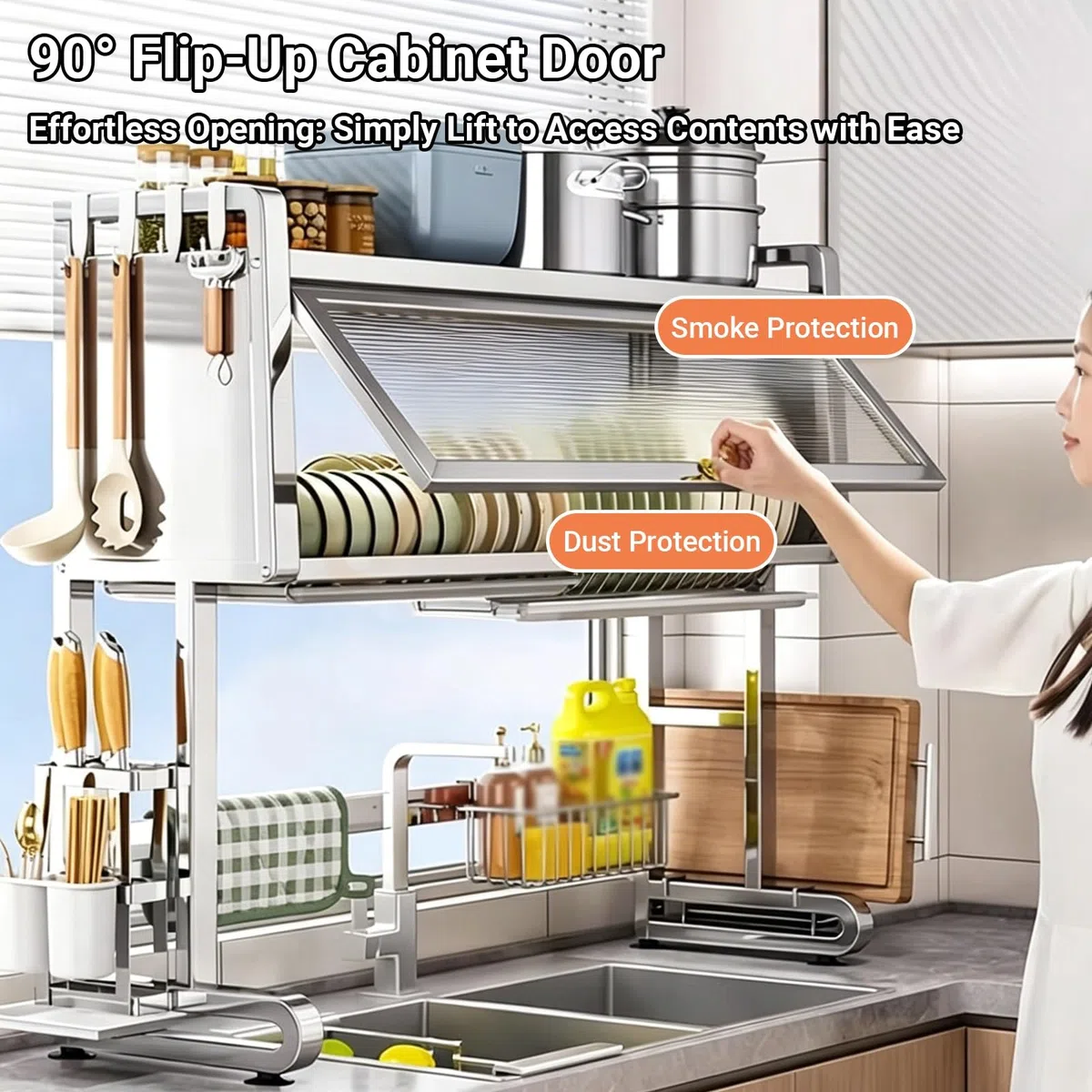 Escurridor de platos de acero inoxidable para colgar sobre el fregadero, almacenamiento de cocina con puertas de armario, soporte para cubiertos, organización para platos y vasos, práctico ahorro de