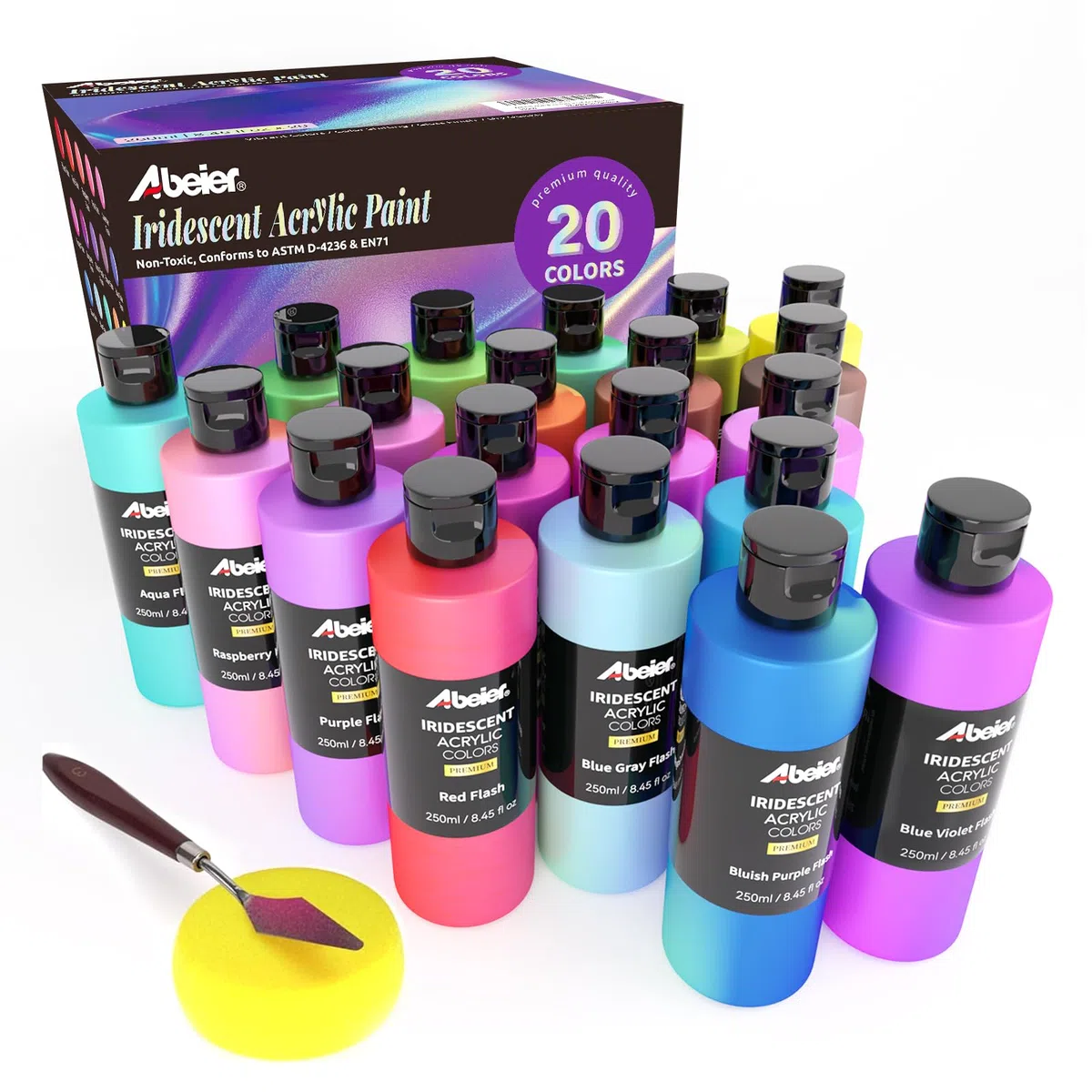 ABEIER Pintura acrílica iridiscente a granel, juego de 20 colores camaleón (250 ml/botella), cambio de color, no tóxica, alta viscosidad, pigmentos ricos, mezclable, pintura sobre rocas, manualidades