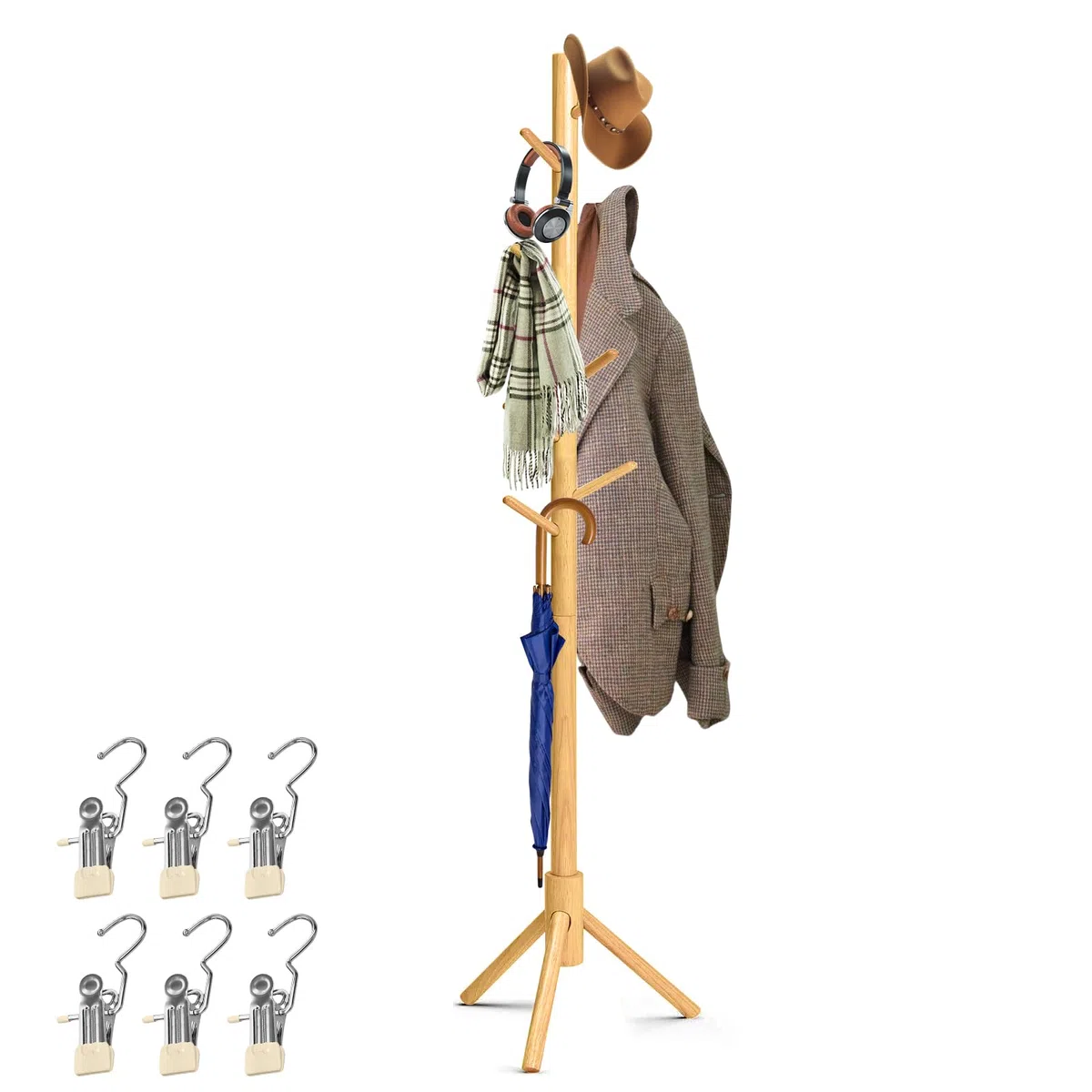 Perchero de Madera de Pino con 8 Ganchos + 6 Clips Inox – Perchero Moderno Ahorro de Espacio para Entrada, Dormitorio, Oficina (color primario)