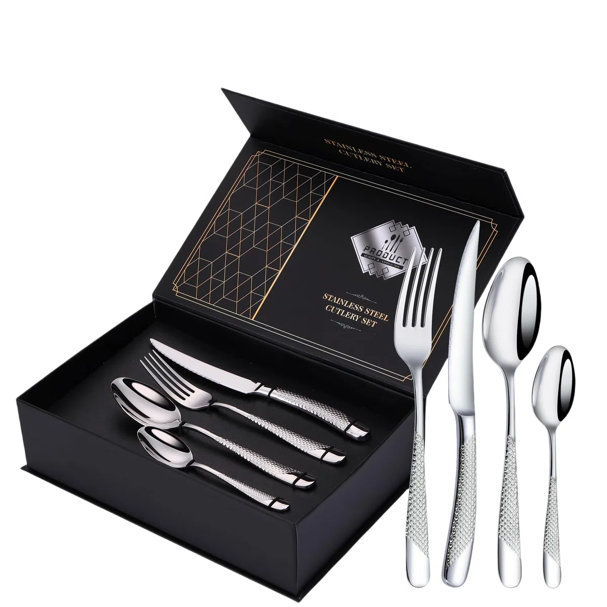 VIQWYIC Juego de cubiertos de 24 piezas, cubiertos martillados, cuchillo de acero inoxidable, tenedor, cuchara, juego de cubiertos para 6 personas, modernos cubiertos de plata para