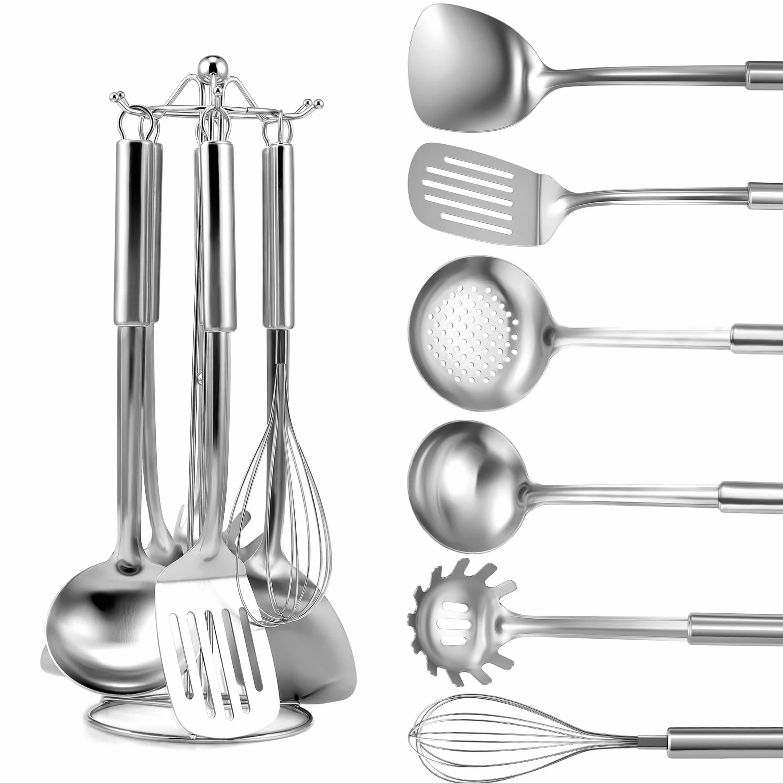 7 piezas utensilios de cocina acero inoxidable - mango para colgar, utensilios de cocina con 2 espátula, cucharón, espumadera, batidor, Cuchara para espaguetis, soporte