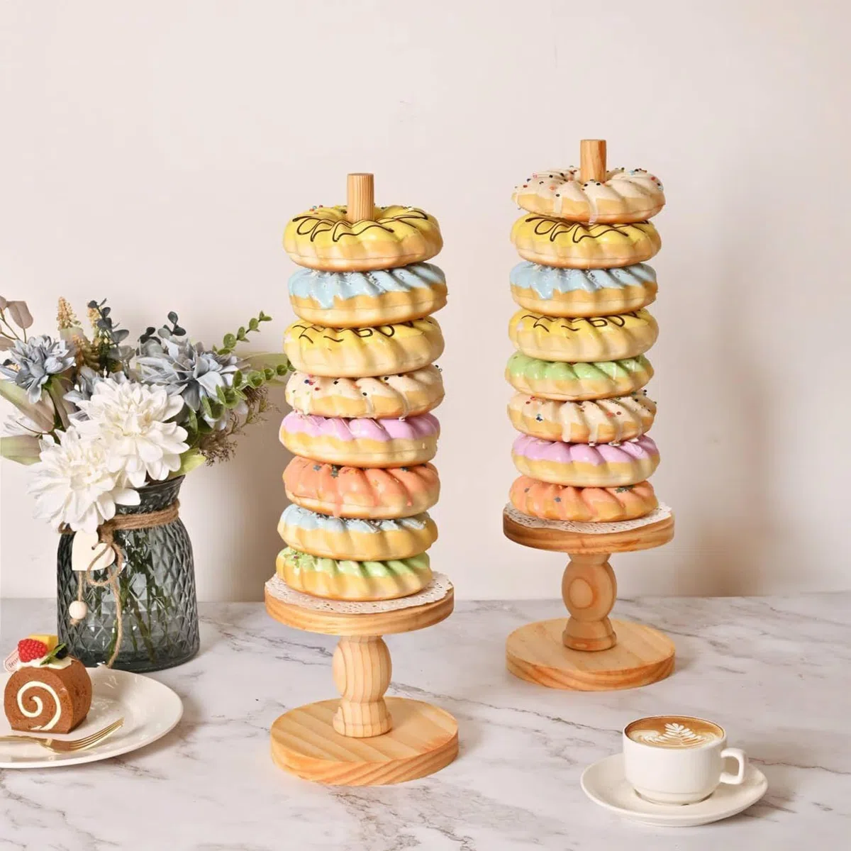 Soporte de Donuts 4 Piezas Torre de Exhibición de Madera | Portabagels De Madera Para Para Postres Bodas Cumpleaños Navidad Shower Servicio De Mesa Buffet Hogar Restaurante Casa De