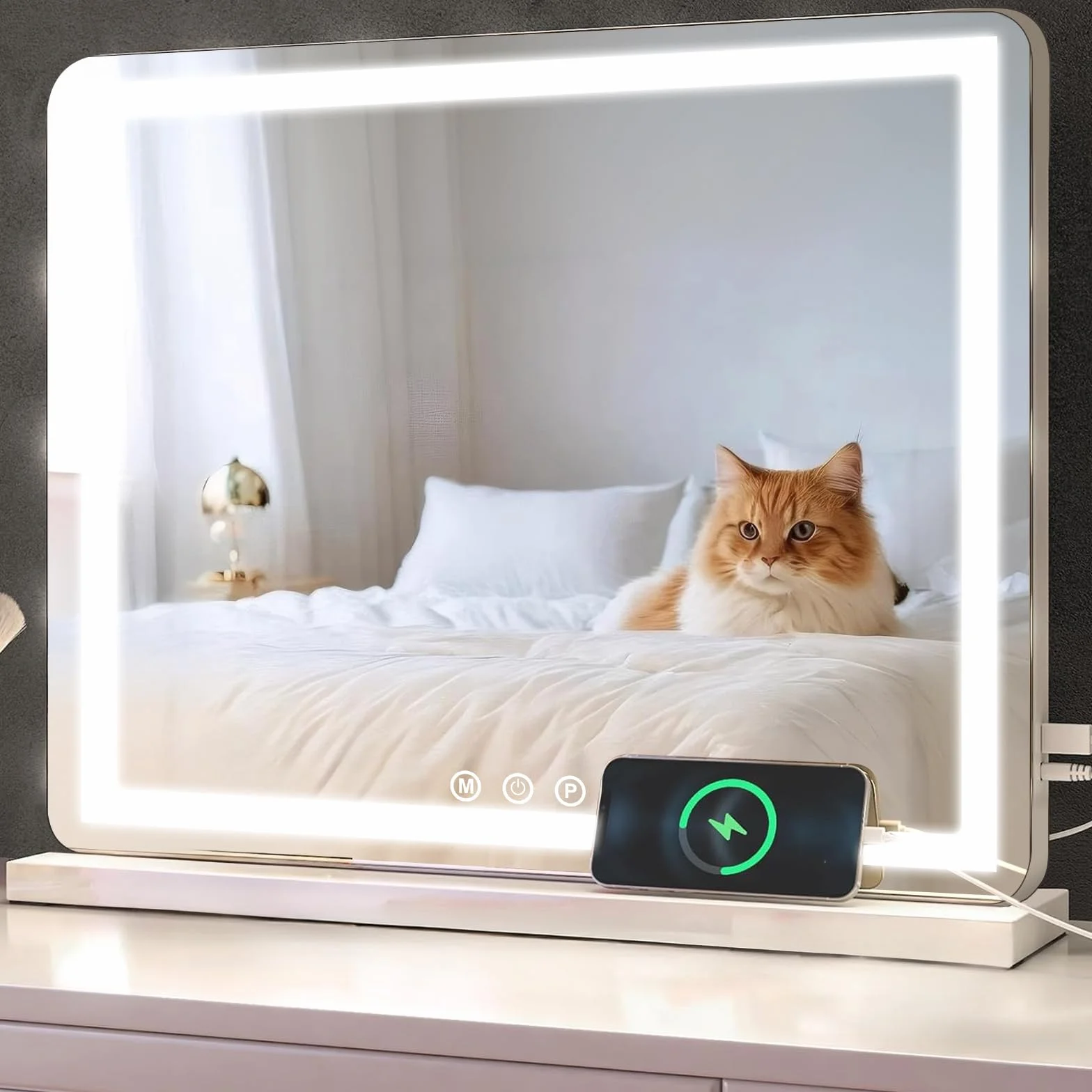 Espejo de Maquillaje con iluminación, Espejo de Hollywood con luz LED, Regulable, Espejo cosmético, 3 Modos, 50 x 40 cm, Espejo de Mesa con USB 10 aumentos, para Dormitorio y tocador
