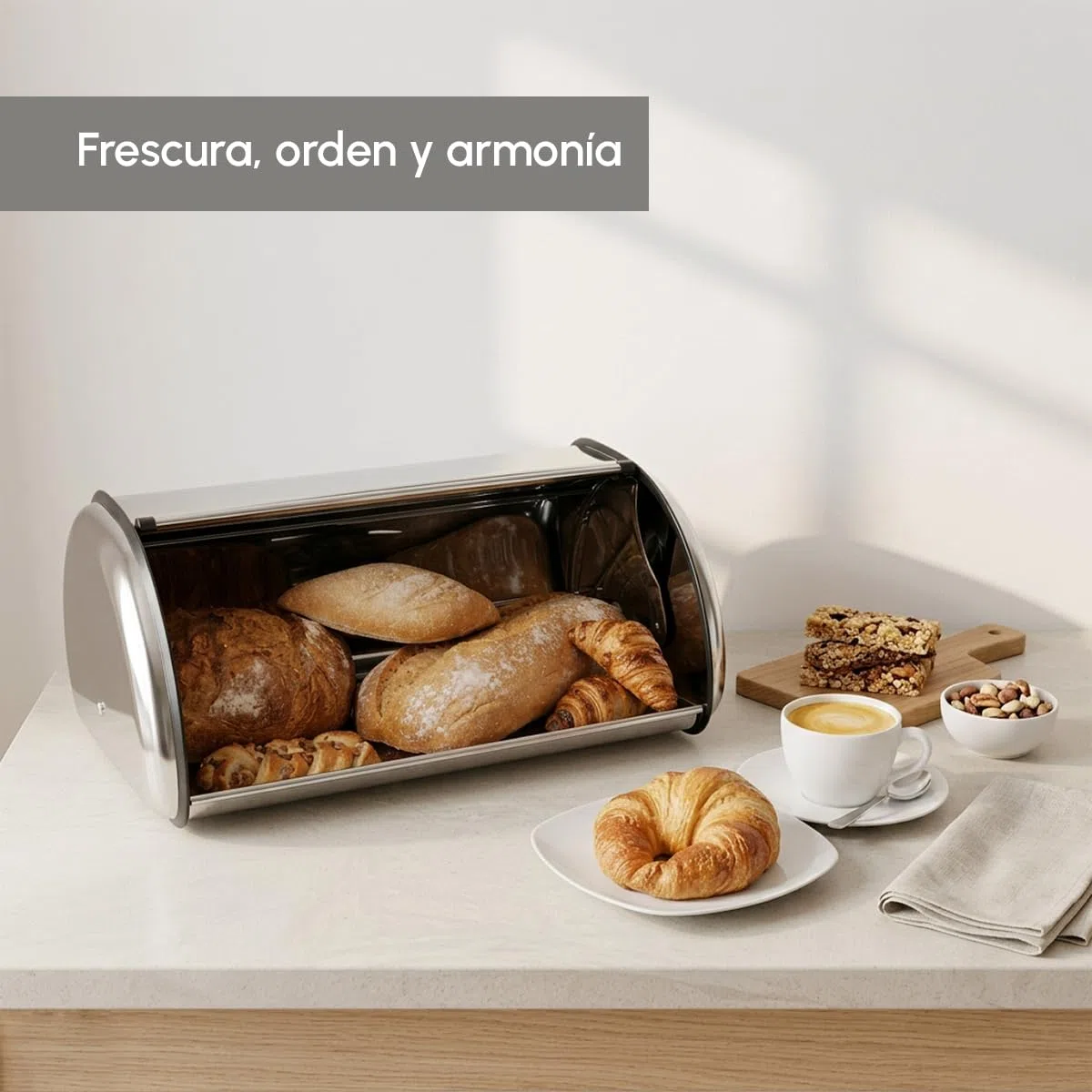 LOLAhome - Panera de Acero Inoxidable con Tapa Ideal para Guardar el Pan Fresco. Almacenaje de Cocina Elegante y Duradero. 42x27x18 cm