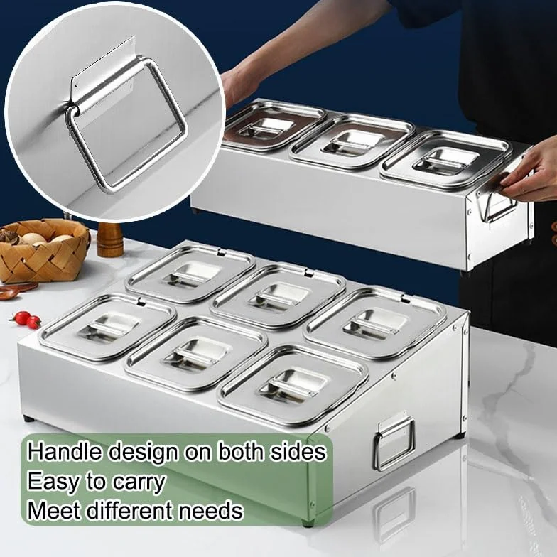 Estación de cobertura de pizza, dispensador de condimentos de acero inoxidable, diseño de mango, organizador de especias para condimentos, salsas, ensaladas, mermeladas, ingredientes de frutas