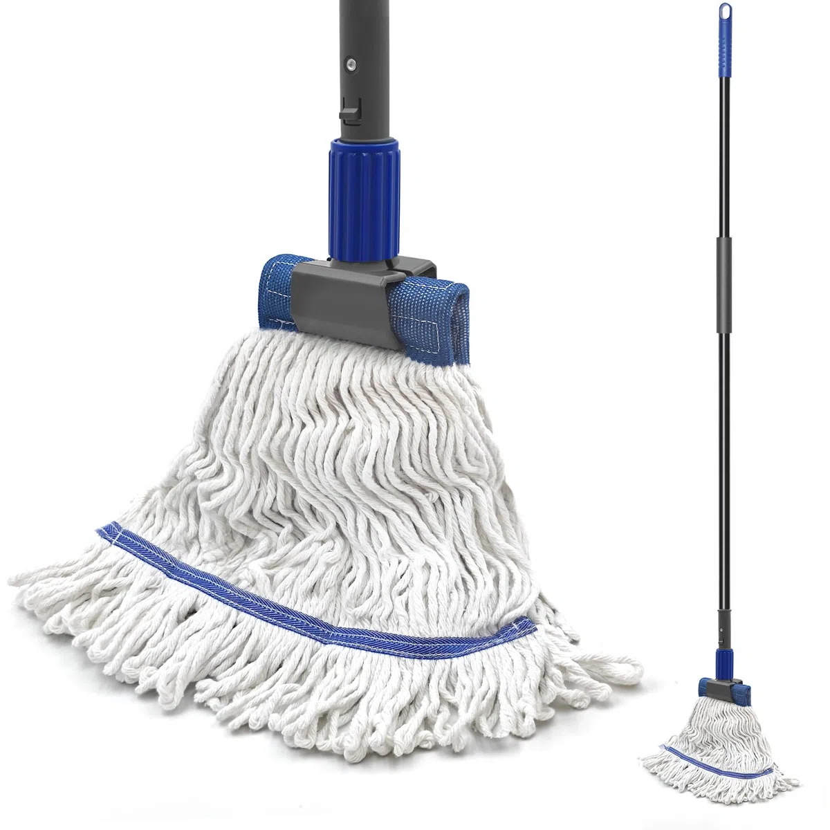 TidyBliss Mopa Fregona Industrial, Mopas de Limpieza de Suelos con Manija Extra Larga de 146 cm, Profesional para Limpieza en Seco y Humedo de Suelos de Madera, Cemento, Azulejos (Azul)