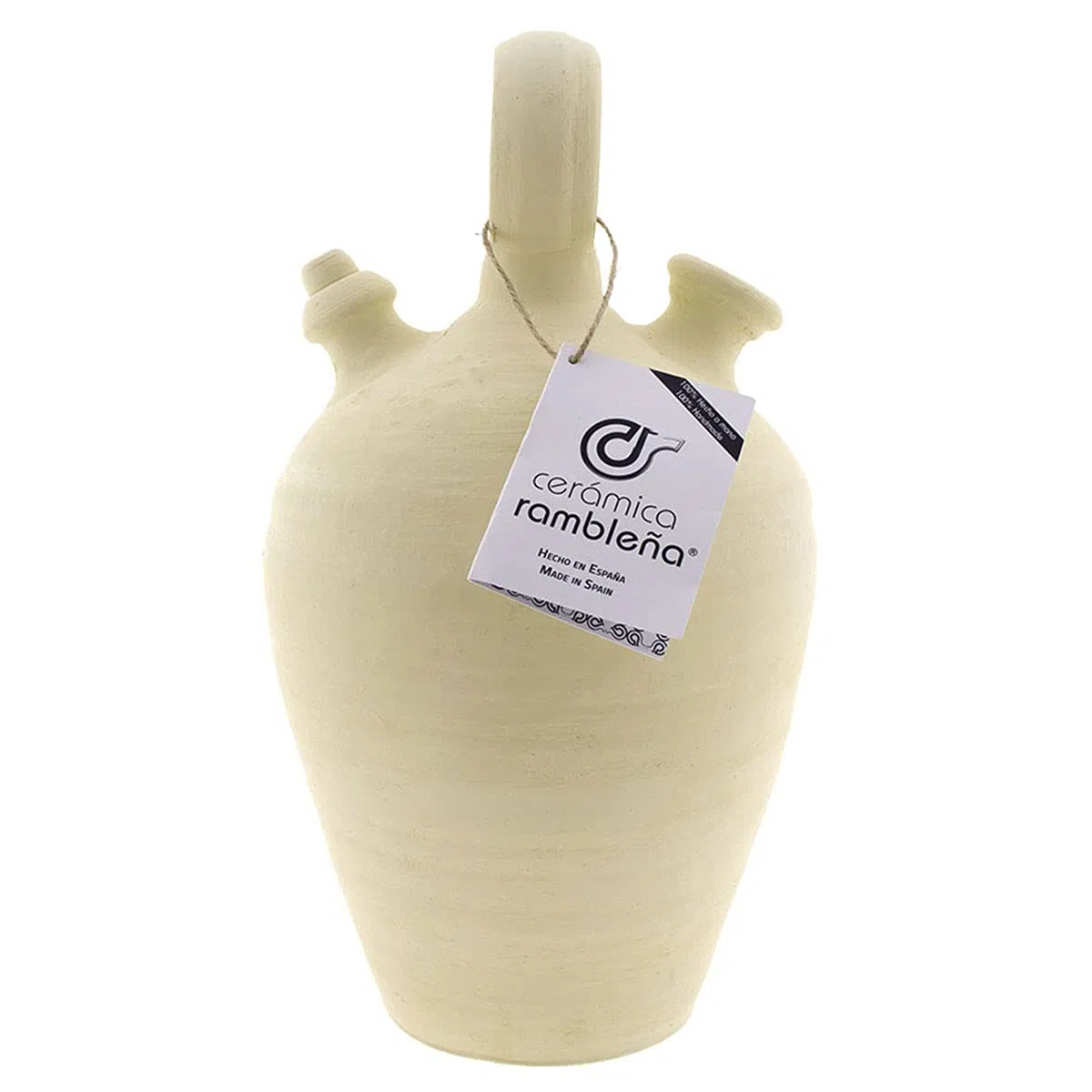 CERÁMICA RAMBLEÑA | Botijo de barro tradicional asa redonda base fina de La Rambla (Córdoba) | 100% Hecho a mano | 2.75 litros | ECO | Plato NO incluido