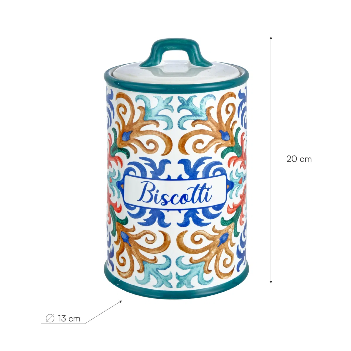 Baroni Home Bote de Cerámica Decorado para Galletas, Recipiente de Cocina con Tapa Hermética para Conservar el Aroma, Portacebollas en Polvo de Calidad, Línea Capri, 13x13x20 cm