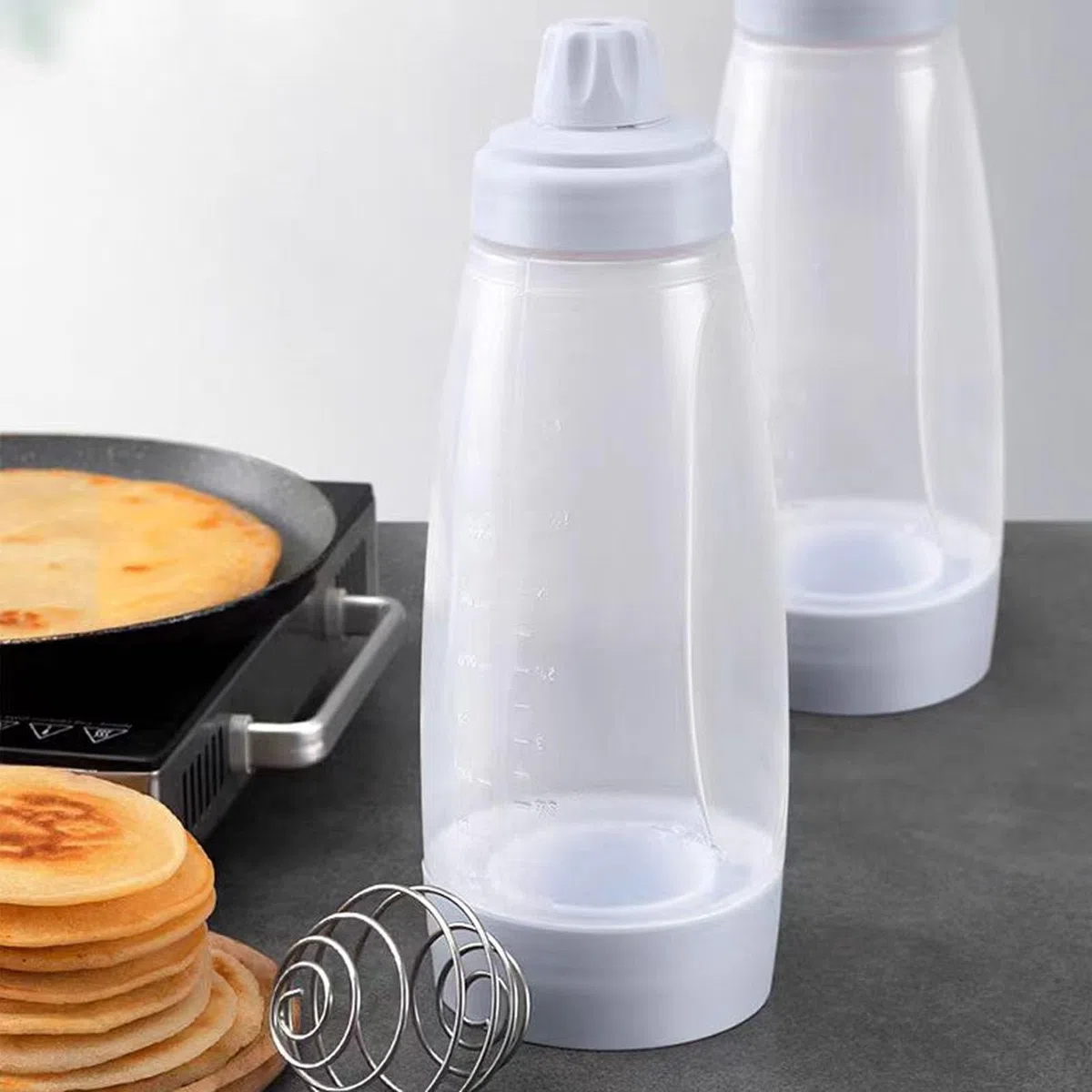 Dispensador de masa para panqueques, dispensador manual de masa de 2 piezas, botella mezcladora de masa, mezclador de masa con batidor de alambre para masa de cupcake, panqueque y crepe