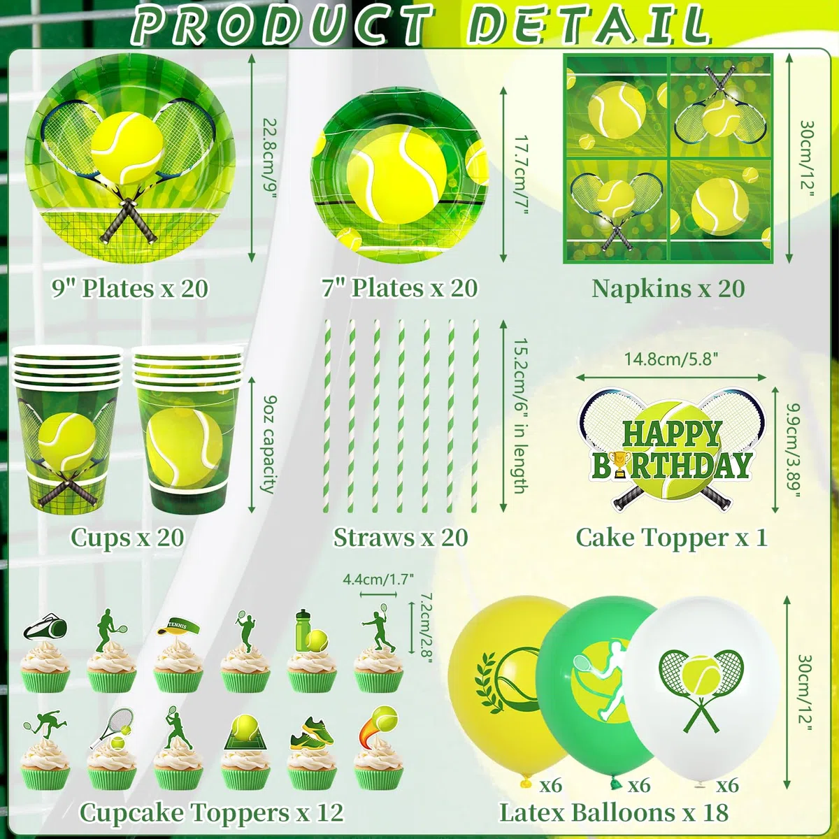 Decoraciones de fiesta de cumpleaños de tenis – Accesorios para fiestas de tenis incluyendo decoración de tartas, platos, decoración de tartas, vasos, servilletas, globos, manteles, para 20