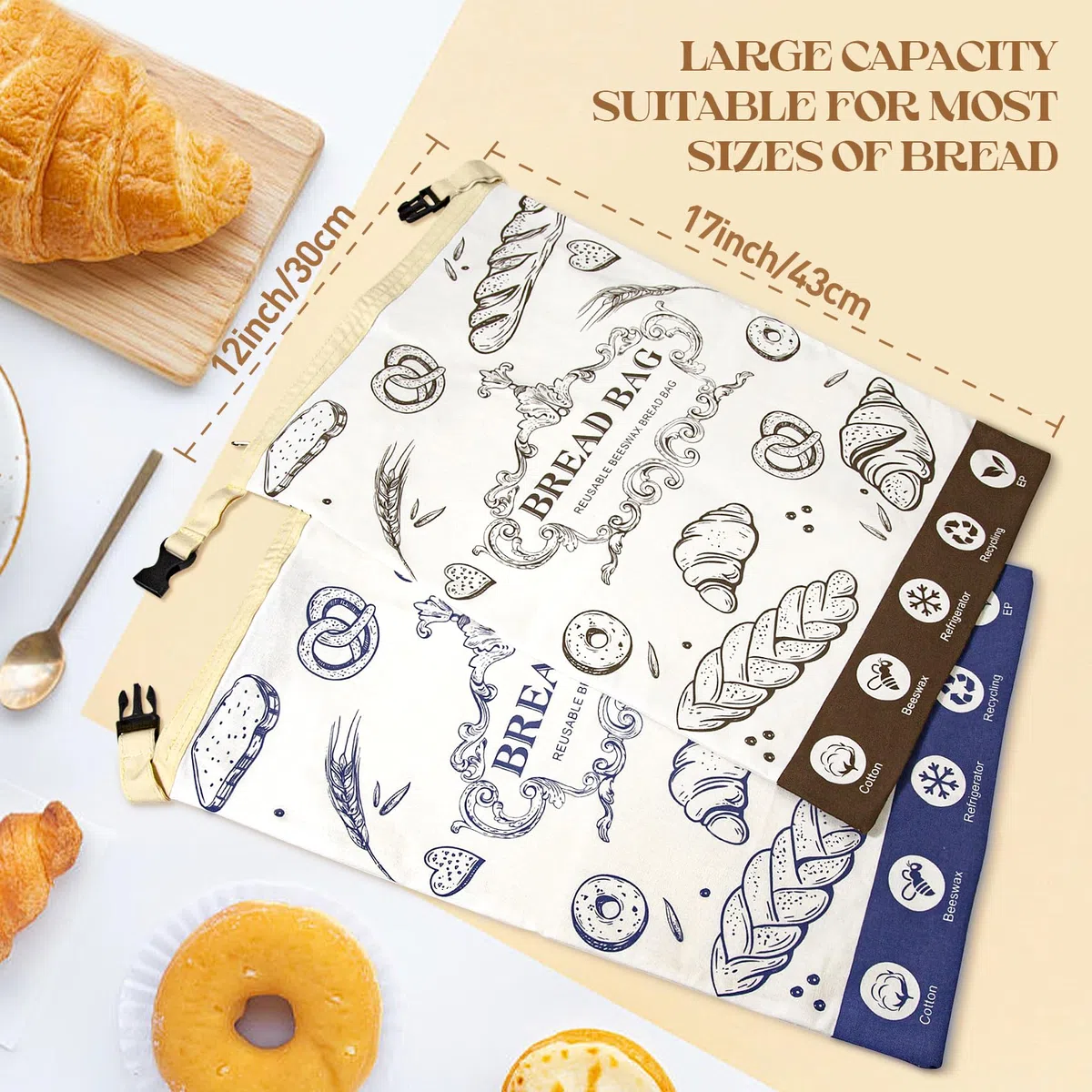 Bolsas reutilizables de cera de abeja con hebilla para pan - Almacenamiento de algodón de gran capacidad para pan casero, Masa madre y productos de panadería frescos (2 piezas)