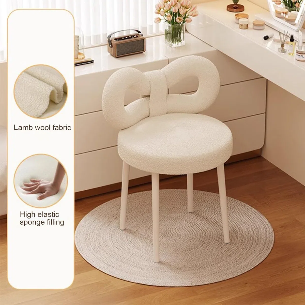 Taburete de tocador pequeño con respaldo de lazo, almohadillas para los pies, silla de vestidor sin brazos sin ruedas para mujeres y niñas, silla de maquillaje con respaldo para dormitorio