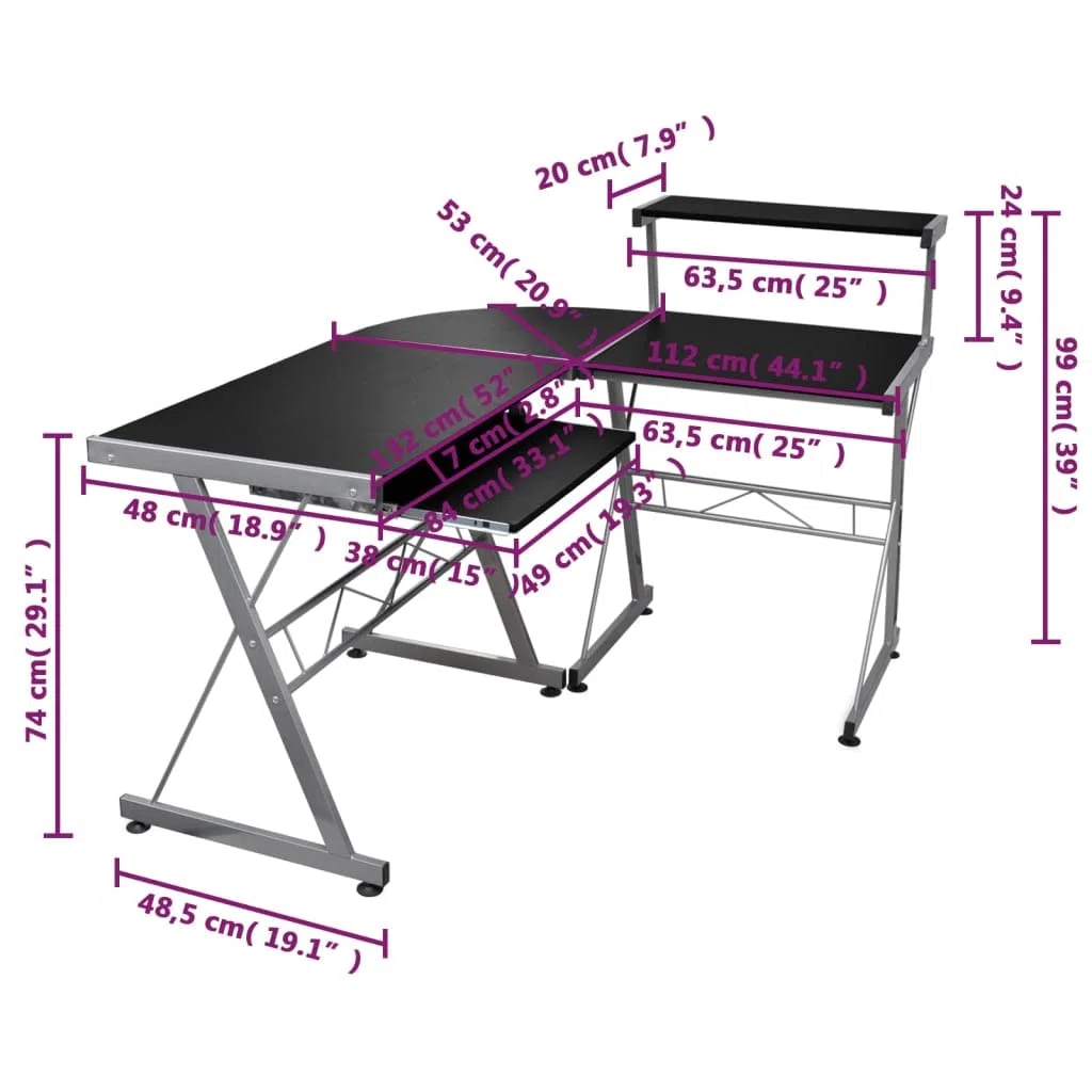 Mesa esquinera para ordenador de color negro, 132 x 112 x 99 cm, con bandeja para teclado extraíble, montaje flexible, gran superficie de trabajo, mesa de oficina para oficina en casa y