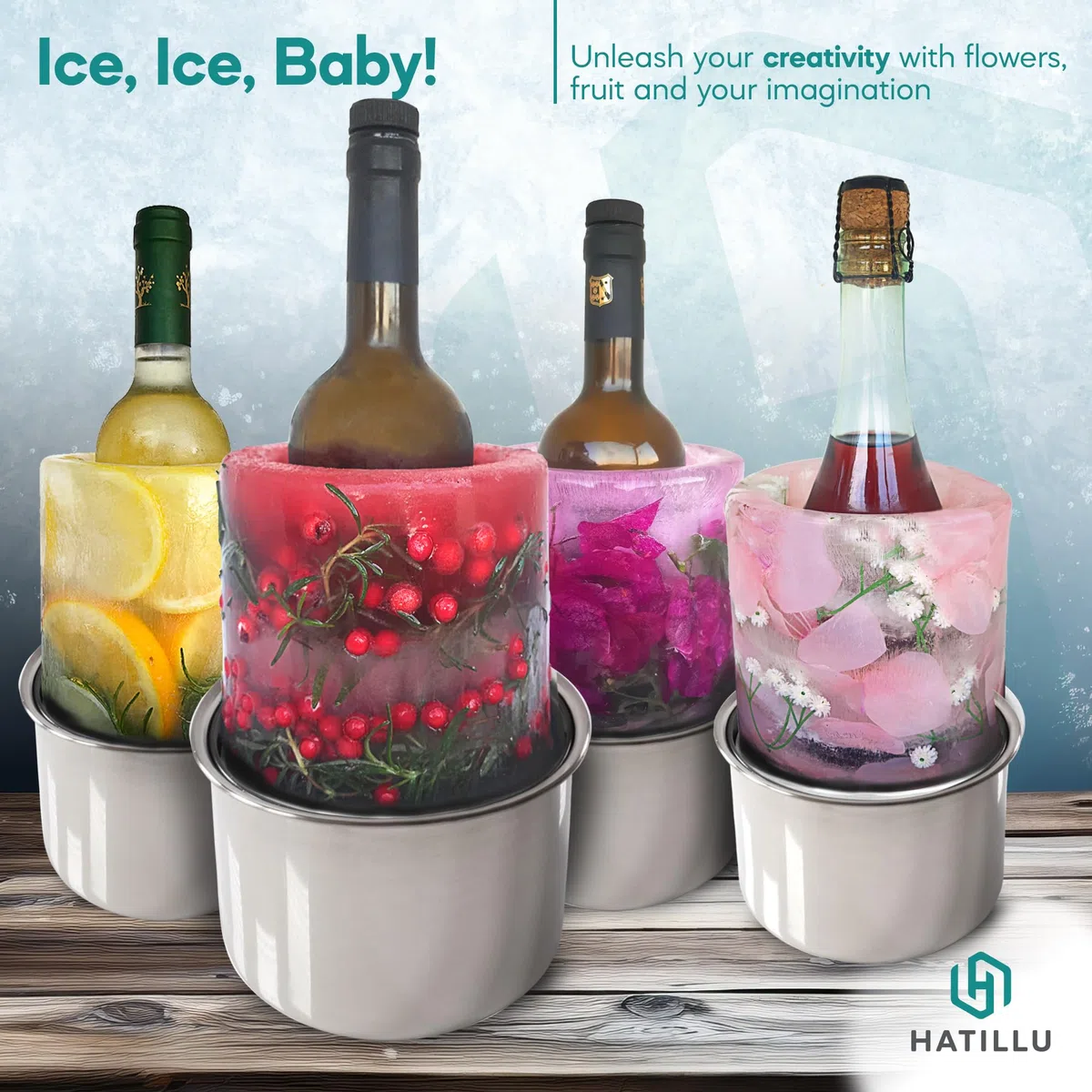 Molde de Hielo para Enfriar Botellas de Vino, Cubeta Enfriador de Champán, Personalizable con Flores y Frutas, Centro de Mesa Único para Fiesta y Celebraciones, con 12 Marcadores de Copas