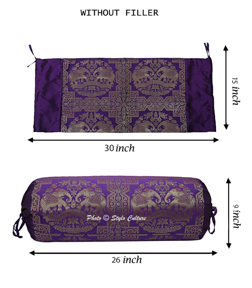 Polidupion Etnico Decorativo Cilíndrica Fundas De Almohadas 70x40 Boho Decorativo Fundas Decorativas para Almohada Bolster Covers Oro Morado Elefante Brocado Largo For Couch (Set of 2)