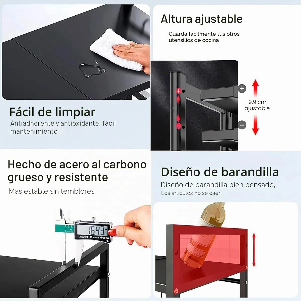 Auauraintt 2 Niveles Soporte Extensible para Microondas de,con 6 Ganchos,Retráctil de 40 a 64 cm Apto para Soporte de microondas y Soporte de Horno de Cocina,Negro