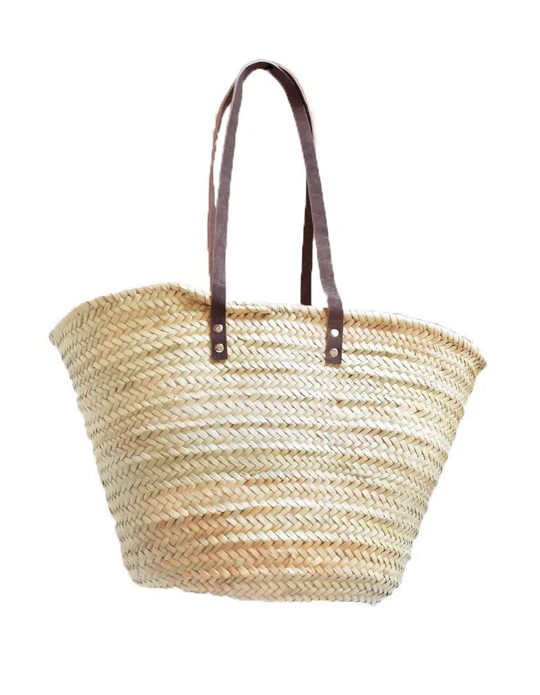 Capazo de Palma básico, cesta de fibras naturales, con asas larga de cuero curtido estilo rústico. Cesto o Bolso de mimbre para la playa (7V, aprox. 42x25 cm)
