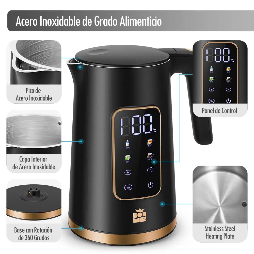 ForMe Hervidor Eléctricos de Acero Inoxidable 1,7 L Selección de Temperatura de 40-100 C LED Indicador Digital de Temperatura I Función de Mantener Caliente Tetera I Cristal Hervidora Libre de BPA