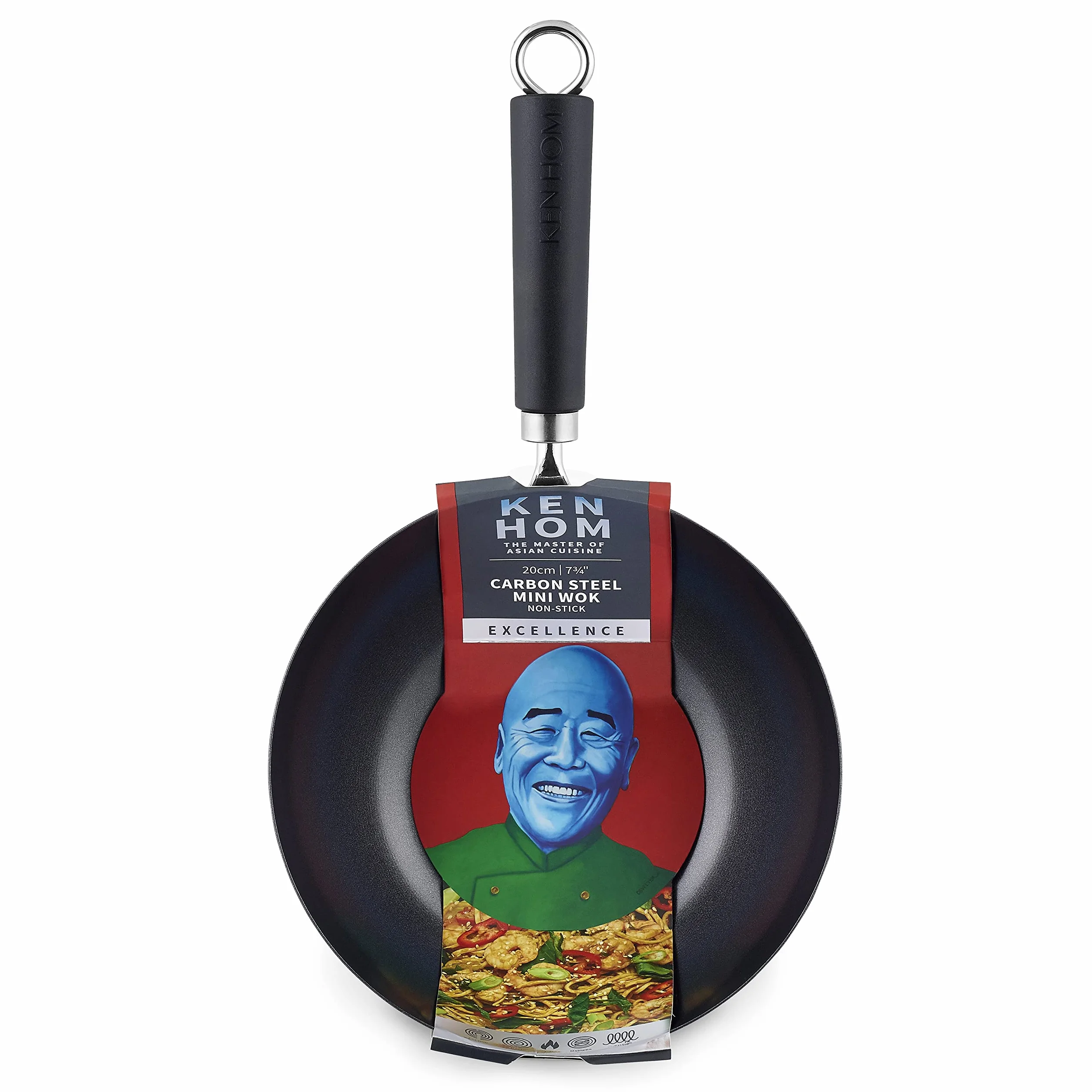 Ken Hom Mini Wok Acero Carbono Antiadherente, 20cm, Excellence, Sartén de Inducción/Compatible con Herramientas Metálicas, Apto Para Lavavajillas, 5 Años de Garantía