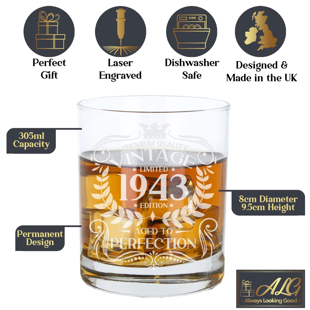 Always Looking Good Vaso de whisky grabado vintage de 1943 con texto en inglés "Aged to Perfection", regalo para 83 años de edad, para whisky, bourbon, escocés, Lowball