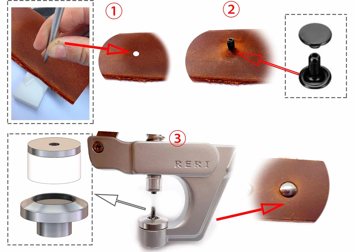 RERI Remaches de cuero con alicates, doble cabeza de metal de 6 mm para trabajos manuales, reparación de costura, hechos a mano, ropa de bricolaje (kit)