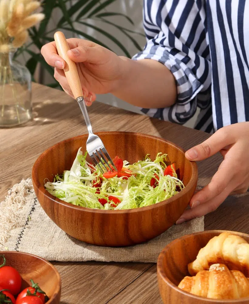 Hecho a mano a partir de ensaladas de madera maciza de acacia 7.1 o 7.9 pulgadas, juego de 2 cuencos individuales de madera grandes para frutas, ensaladas y decoración de fruteros para aperitivos